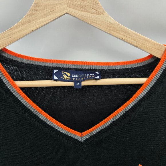 Giorgio Di Mare Yachting LOGO Black Orange Trim V-Neck 100% Cotton Long Sleeve - Picture 7 of 14